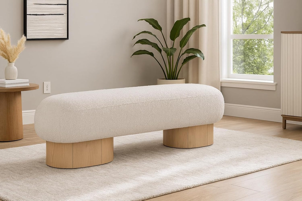 Meridian Furniture 22001Cream Robertson Collection Art Deco Bench with Luxurious Cream Boucle Fabric and Rich Natural Oak Finish, 60.5" W x 18" D x 16" H, Cream