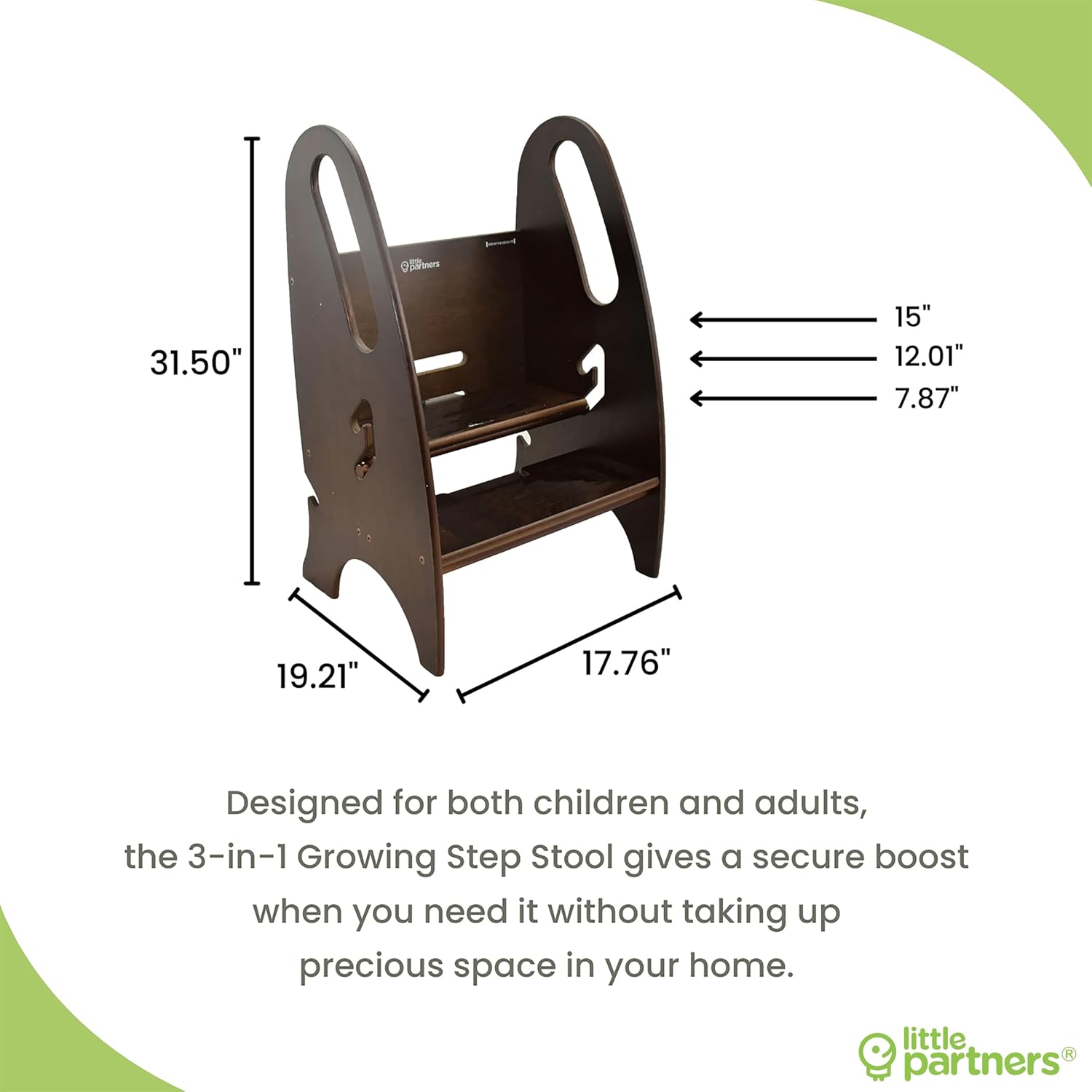 Little Partners 3-in-1 Growing Step Stool Toddler Tower Helper Step Stool, Wooden Standing Stool for Bathroom or Kitchen, Anti-Slip Feet, Built-in Safety Hand Rails Up to 100 lbs. (Espresso)