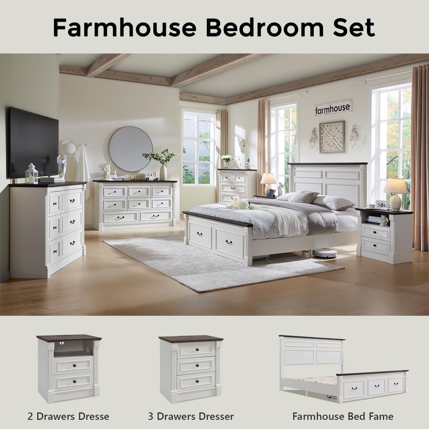 26" Tall Farmhouse Night stand Set of 2, 2 Drawers End Table w/Charging Station, 23.6" Wide Wood Side Table w/Roman Column, Large Rustic Sofa Table w/Open Shelf, Bedside Table for Bedroom, White