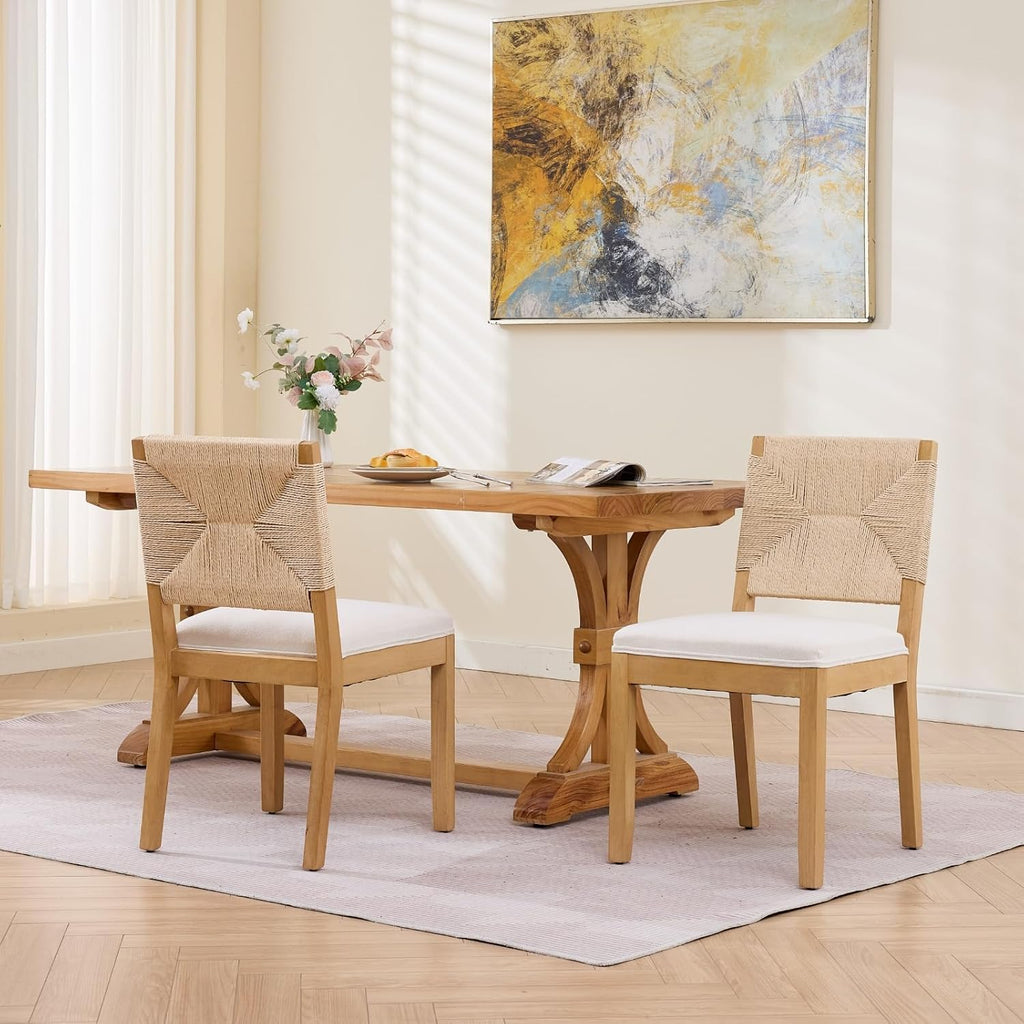 French Country Dining Chairs Set of 4, Beige Farmhouse Wood Dining Room Chairs, Woven Back Linen Upholstered Dining Chair, Solid Wood Legs, Boho Style Kitchen Chairs, Sillas de Comedor