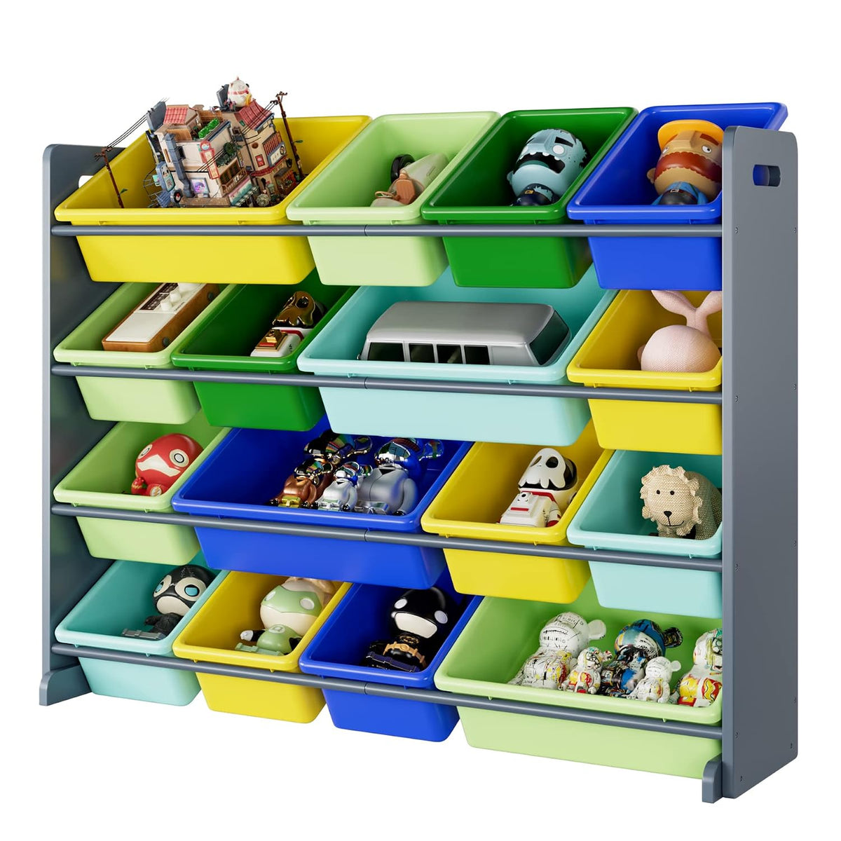 HearCare PUPL Toy Storage Organizer Bin, Multi-Functional Toy Storage Cabinet with Shelf and 16 Plastic Bins for Bedroom, Living Room, Playroom, Home Furniture, Gray Rack and Colorful Bins