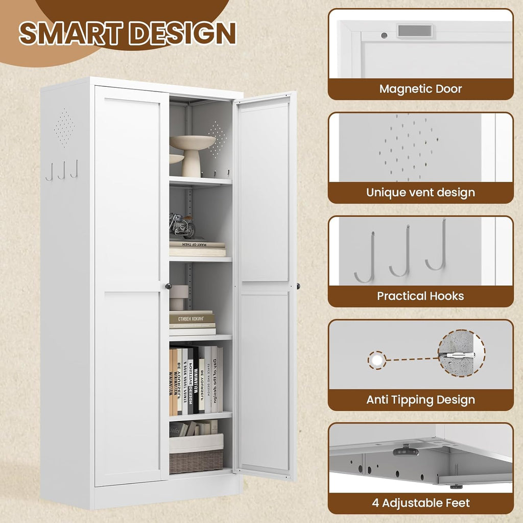 Metal Pantry Cabinet, 61" Kitchen Pantry Cabinet with 2 Doors and 4 Adjustable Shelves, White Steel Storage Cupboard for Dining, Office, Living Room, Bathroom