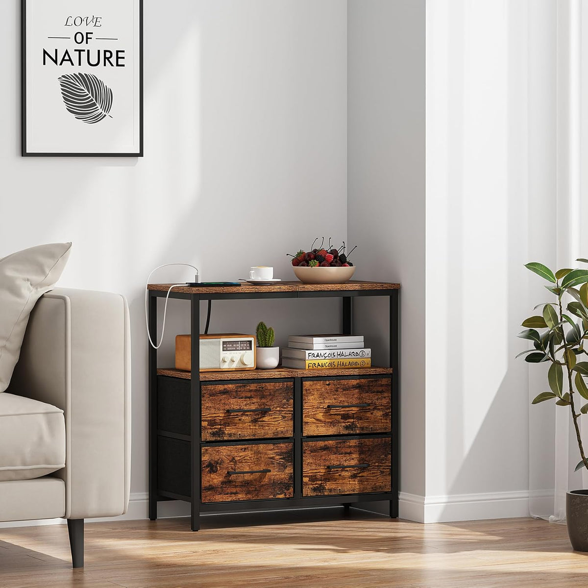 TUTOTAK Large Night Stand with Charging Station, Nightstand with USB and Type-C Port, Bedside Table with Cloth Drawers, End Table for Livingroom, Bedroom, Brown TB01BB081