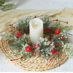 2 Pcs Christmas Candle Rings Wreaths Berries & Pinecone Candle Rings Artificial Norfolk Pine Candle Holder 12" for Winter Home Kitchen Table Centerpiece (Red)