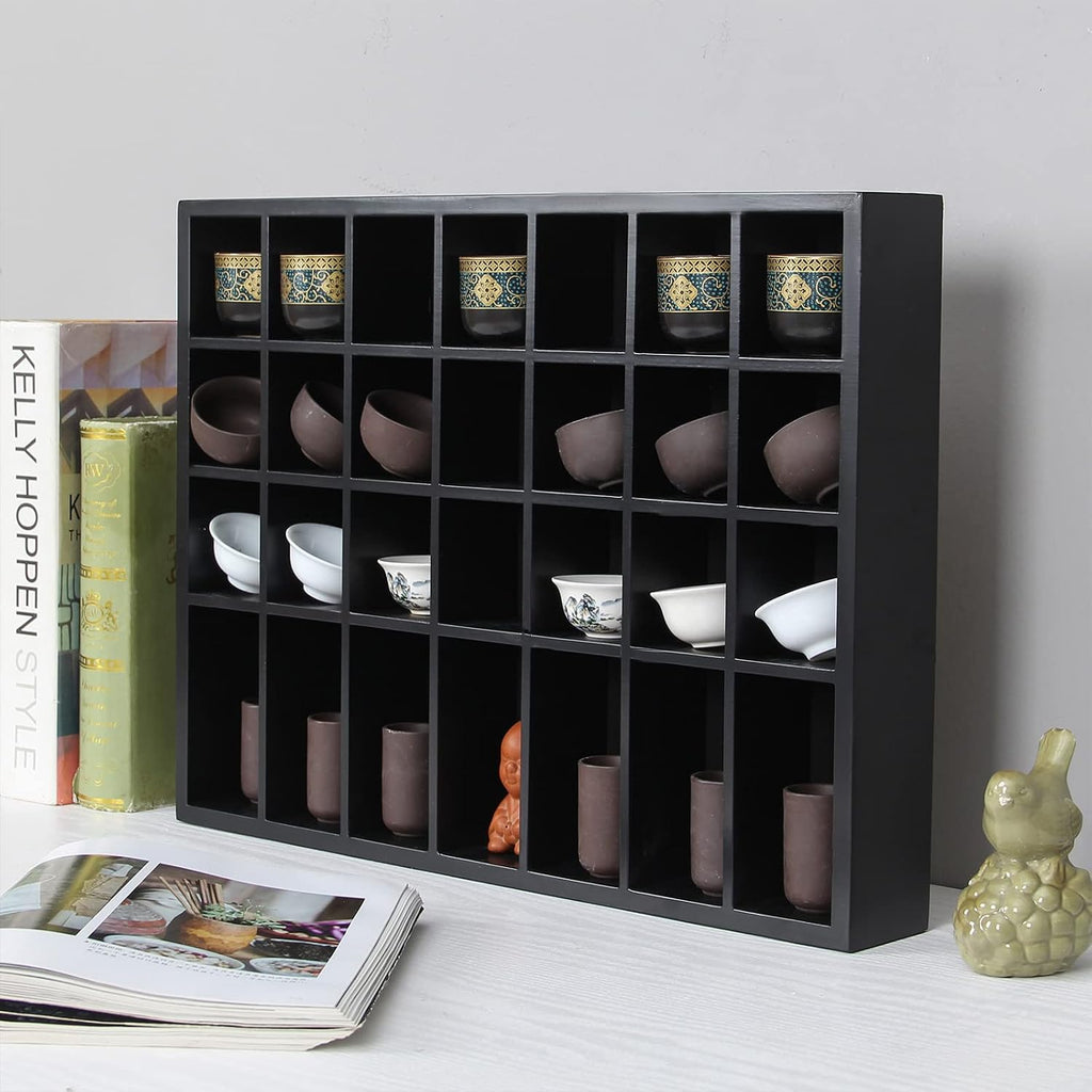 Black Shot Glass Display Case 18" x13" Solid Wood Wall Mounted Collection Cabinet 28 Slots Small Curio Cabinet Rack (No Door)