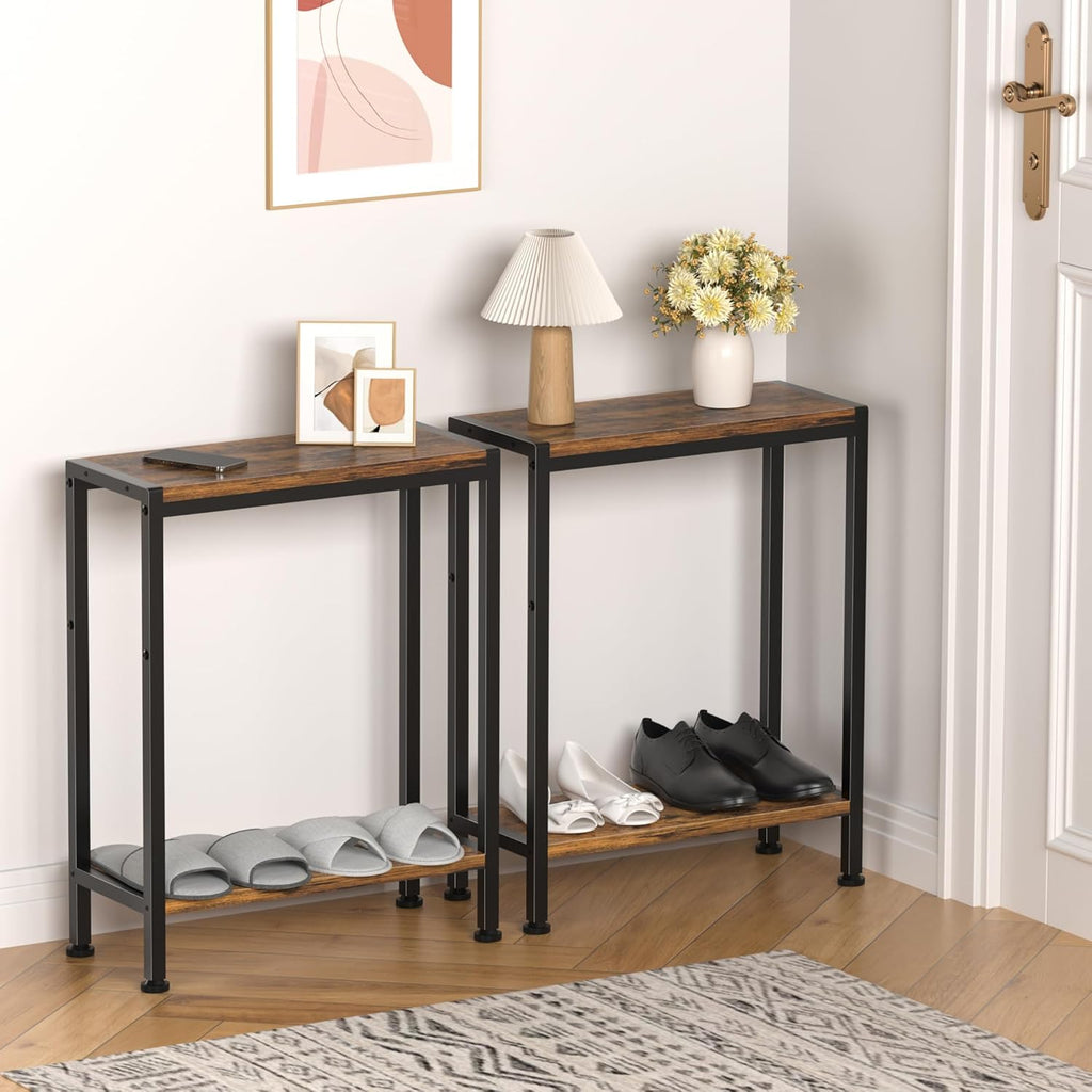 Narrow Side Table for Small Space, 2-Tier Slim End Table, Thin Nightstand, Skinny Snack Couch Table, Sofa Bedside Table in Living Room, Bedroom, Study, Kitchen and Balcony (Rustic Brown)