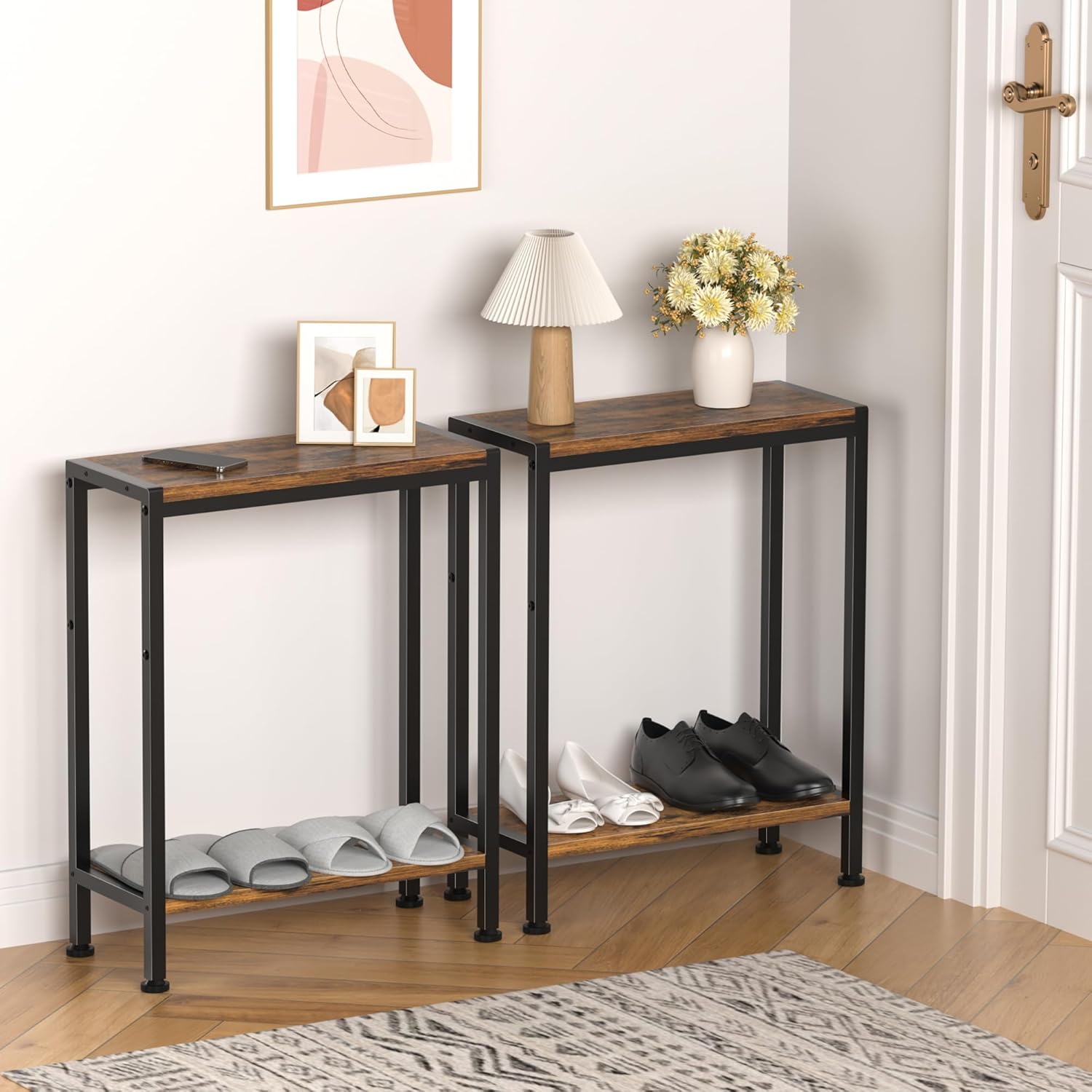 Narrow Side Table for Small Space, 2-Tier Slim End Table, Thin Nightstand, Skinny Snack Couch Table, Sofa Bedside Table in Living Room, Bedroom, Study, Kitchen and Balcony (Rustic Brown)