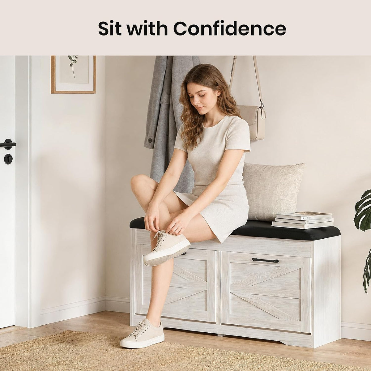 39" Shoe Storage Bench with Seat Cushion, Wood, Ash White | 8-Pair Shoe Capacity, 2 Doors, Comfortable Seating, Space-saving, Narrow Entryway Bench Ideal for Foyer, 330 lb Capacity