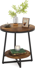 Tribesigns Round End Table Set of 2, 2 Tier Side Table with Storage Shelf, Industrial Nightstand Bedside Table Coffee Accent Table for Living Room Small Space, Rustic Brown