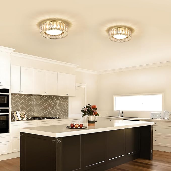 11 Inch Modern Gold Luxury Flush Mount Ceiling Light,Small Crystal Chandelier, Dimmable LED 5CCT 3000K-6000K 24W Round Close to Ceiling Light Fixture for Hallway,Kitchen,Bedroom,Laundry Room