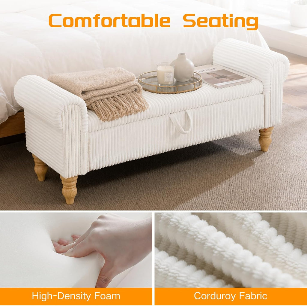 55" Storage Ottoman Bench, Corduroy End of Bed Bench for Bedroom, White | Upholstered Entryway Bench with Seating, Solid Wood Legs, Rolled Arm, for Bedroom Living Room Window Hallway, up to 285 lbs