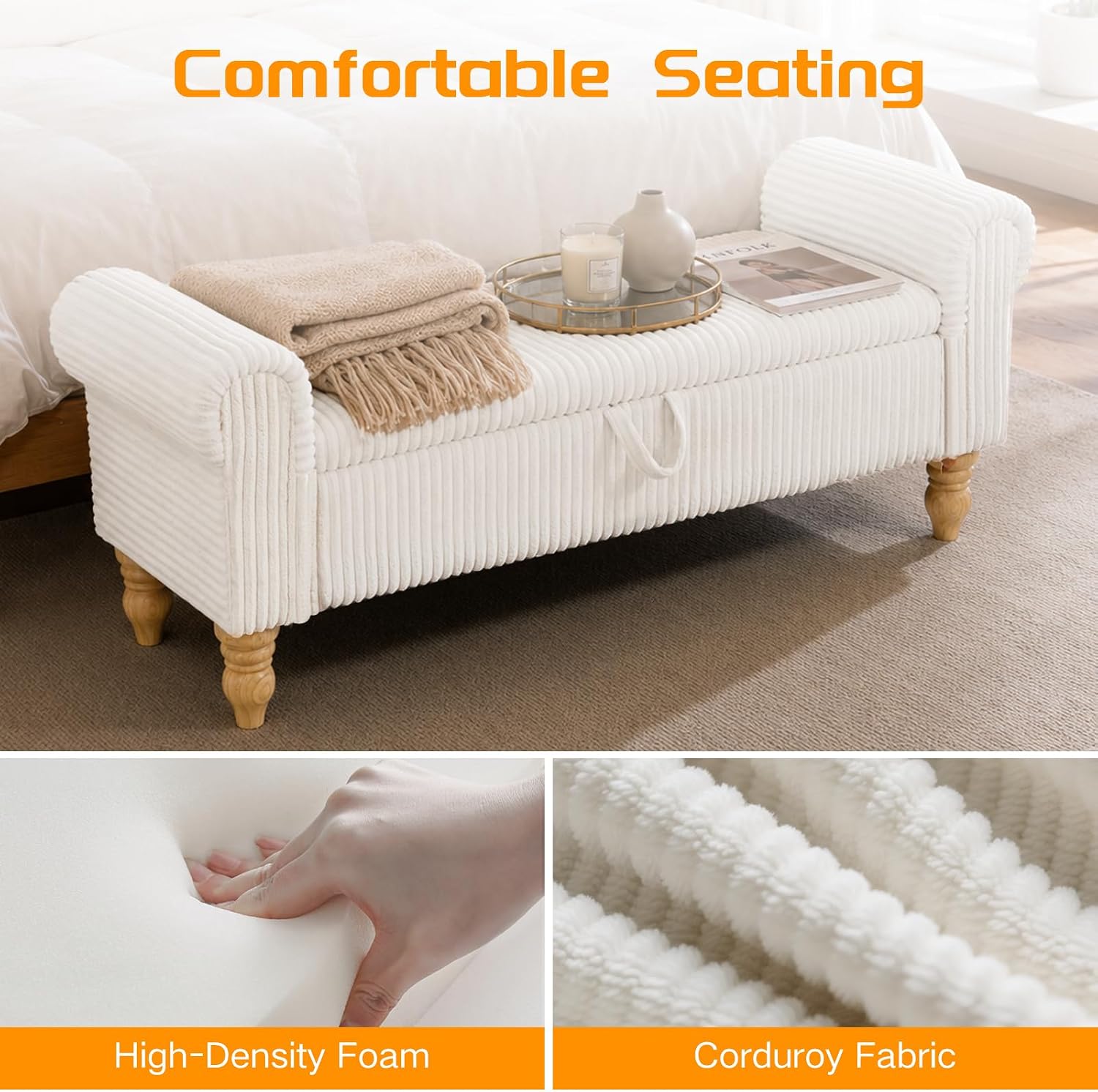 55" Storage Ottoman Bench, Corduroy End of Bed Bench for Bedroom, White | Upholstered Entryway Bench with Seating, Solid Wood Legs, Rolled Arm, for Bedroom Living Room Window Hallway, up to 285 lbs