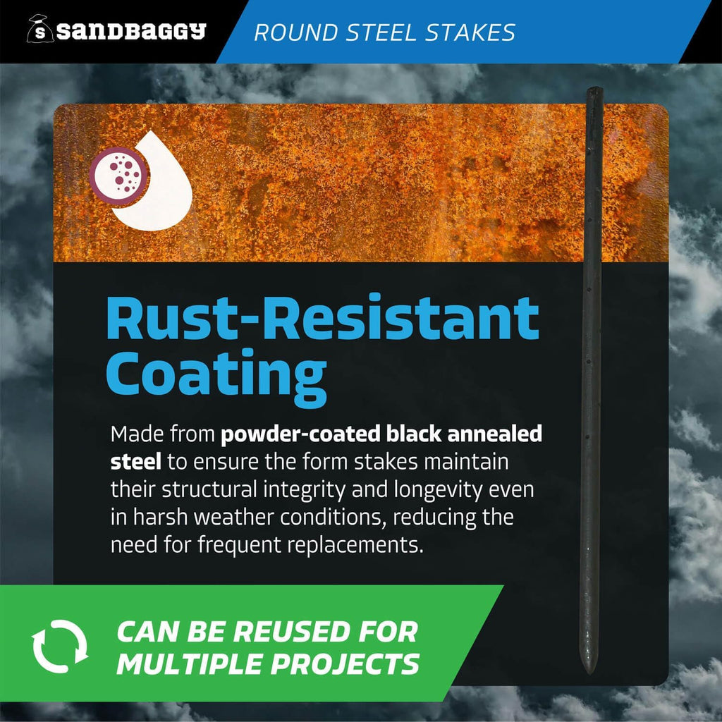 Sandbaggy Round Steel Concrete Form Stakes with Nail Holes - Rust Resistant Coating - Removable, Reusable (5, 3/4 in X 24 in)