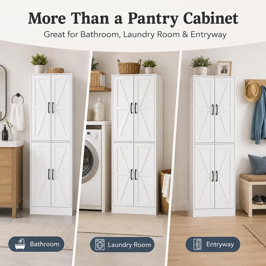 Kitchen Pantry Storage Cabinet, 68" Tall White Food Pantry Cabinet with Doors and Adjustable Shelves, Freestanding Farmhouse Storage Cabinet for Kitchen, Dining Room, Bathroom, Laundry Room (White)