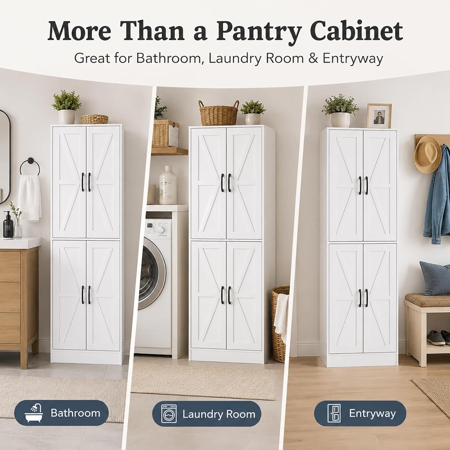 Kitchen Pantry Storage Cabinet, 68" Tall White Food Pantry Cabinet with Doors and Adjustable Shelves, Freestanding Farmhouse Storage Cabinet for Kitchen, Dining Room, Bathroom, Laundry Room (White)