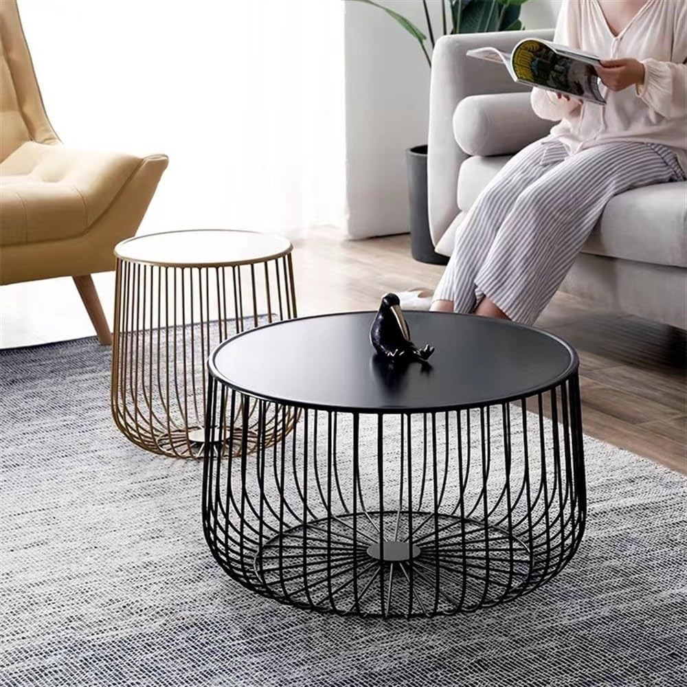 Round Side Table with Storage Shelf, Industrial Accent Furniture with Steel Frame, Fully Assembled, Modern Accent Side End Table for The Living Room and Bedroom(Gold,Small)