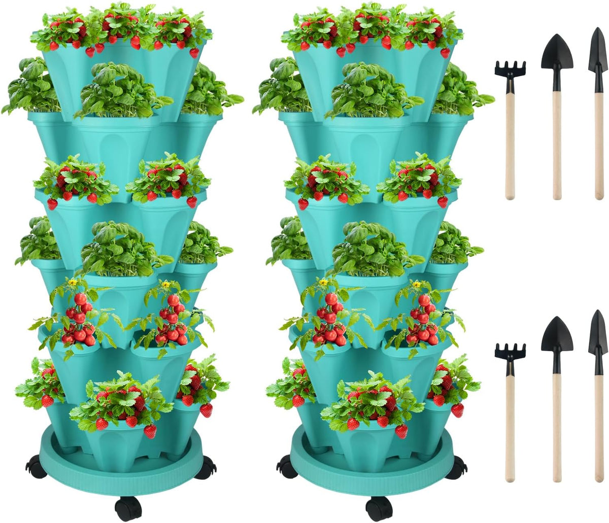 Vertical Planter 6 Tier Stackable Planters Garden Planters Strawberry Herb Flower and Vegetable Planter Indoor Outdoor Gardening Pots with Removable Wheels and Tools