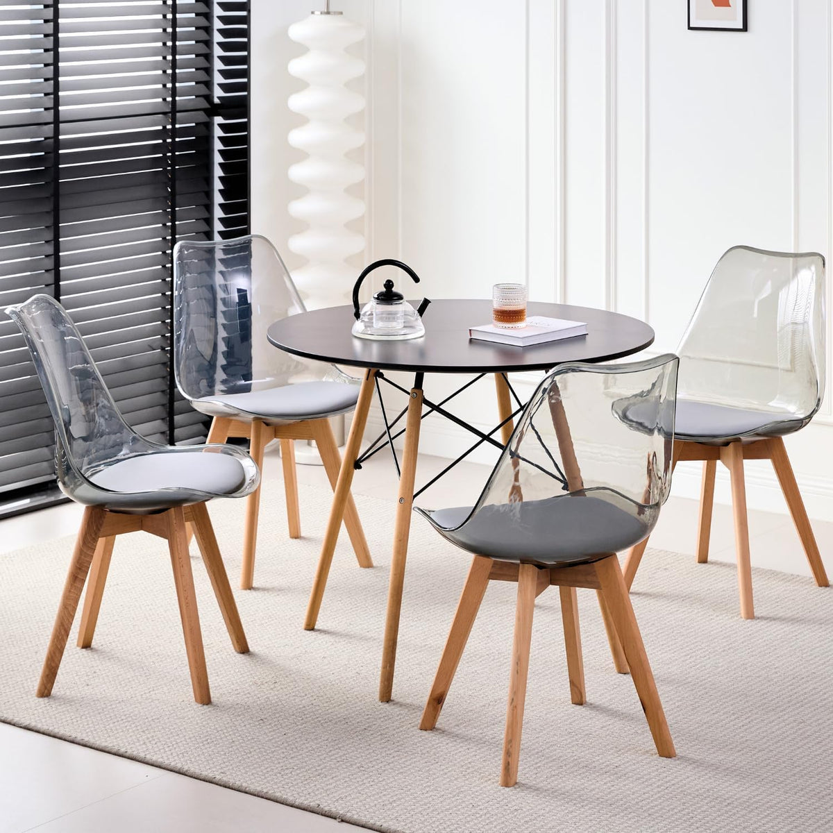 Acrylic Dining Chairs Set of 4, with Soft Cushion, Light Gray | Clear Acrylic Backrest With Soft Padded Seat, Sturdy Wooden Legs. Ideal For Kitchen And Living Room