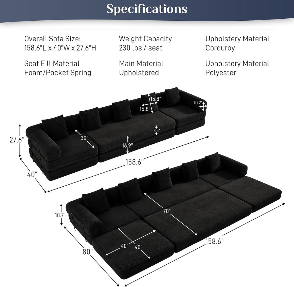 DAMAIFROM Convertible Sleeper Sofa Bed Floor Couch, Black | 158" Corduroy Modular Compressed Futon Sofa Bed, Pull-Out Cloud Sectional Couch with Memory Foam Mattress for Living Room
