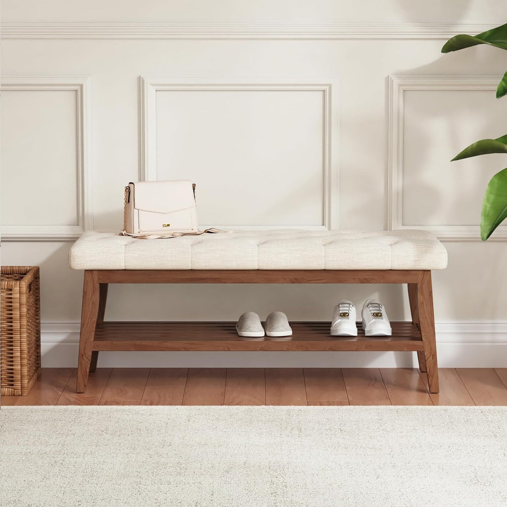 LEILISI Entryway Bench with Storage, Linen Upholstered Bench(Beige, 39.4'')