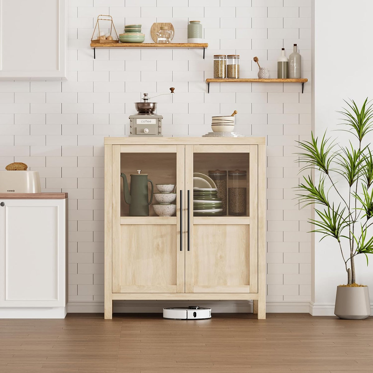 Garvee Large Buffet Cabinet with Storage, Sideboard Buffet Cabinet with Glass Doors, Modern Farmhouse Storage Cabinet Table for Kitchen Dining Room, Living Room (Pear Wood, Glass with 2 Doors)