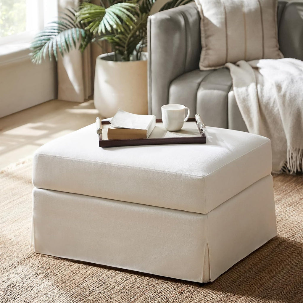 HULALA HOME Storage Ottoman Coffee Table with Lift Top, Farmhouse Linen Upholstered Ottoman with Removable Fabric Cover, 30-Inch Large Coffee Table with Storage for Living Room, Bedroom, Ivory
