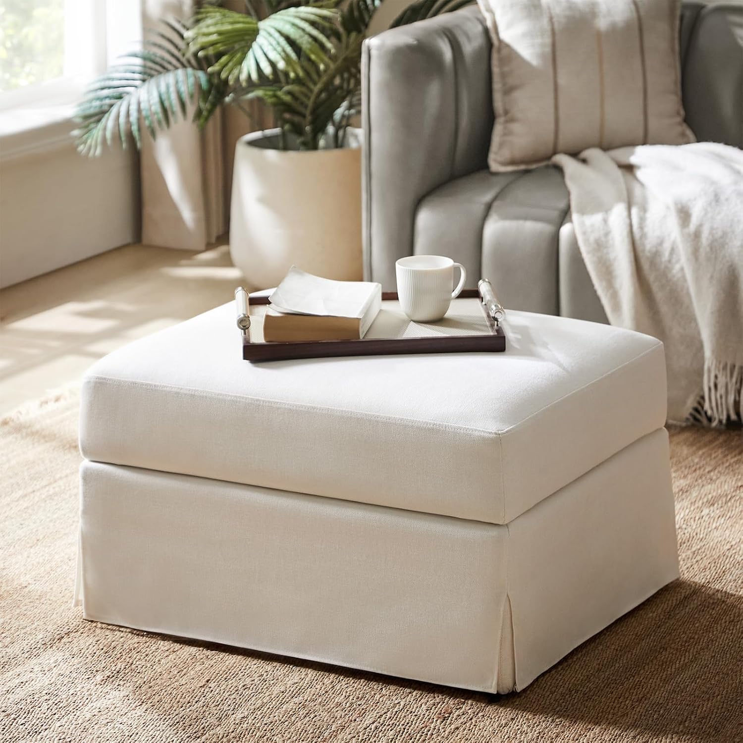 HULALA HOME Storage Ottoman Coffee Table with Lift Top, Farmhouse Linen Upholstered Ottoman with Removable Fabric Cover, 30-Inch Large Coffee Table with Storage for Living Room, Bedroom, Ivory