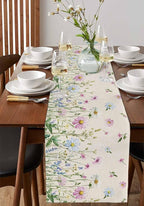 Vintage Wildflowers Cotton Linen Table Runner for Dining Kitchen, Wedding Outdoor Party Tablerunners Decoration, Farm Floral Pink Botanical Plants Dresser Scarf Coffee Tablecloth Runners 13x108 Inches