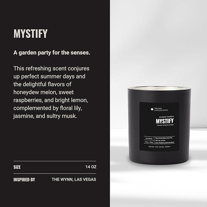 Hotel Collection - Mystify Single Wick Classic Candle - Hotel Inpsired Luxury Candle - 90 - Hours Burn Time - Hints of Jasmine, Green Melon, Lily - 14 oz - Black