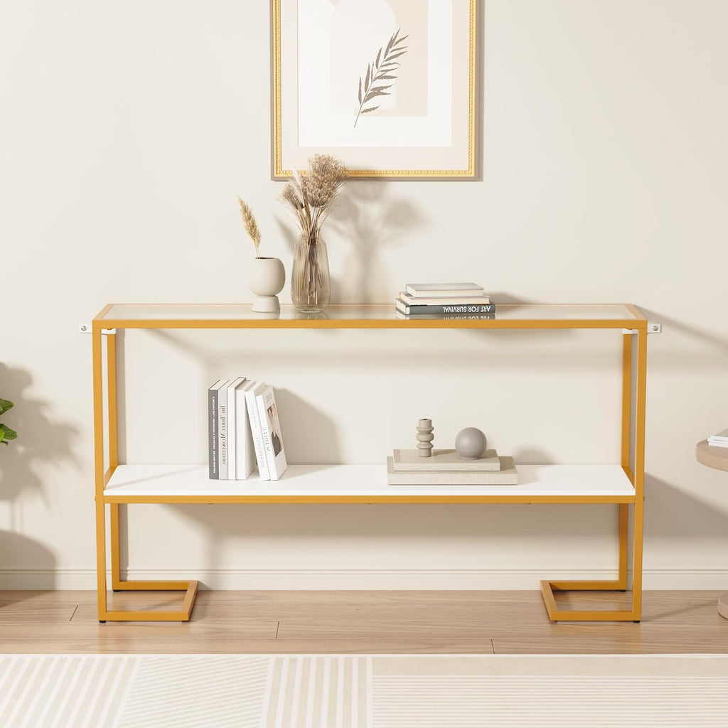 Furnify Console Sofa Table, 52" Modern Entryway Table, 2-Tier Open Shelf with Tempered Glass, Gold Metal Frame Behind Couch Table for Living Room Bedroom Hallway Entrance, White