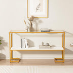 Furnify Console Sofa Table, 52" Modern Entryway Table, 2-Tier Open Shelf with Tempered Glass, Gold Metal Frame Behind Couch Table for Living Room Bedroom Hallway Entrance, White