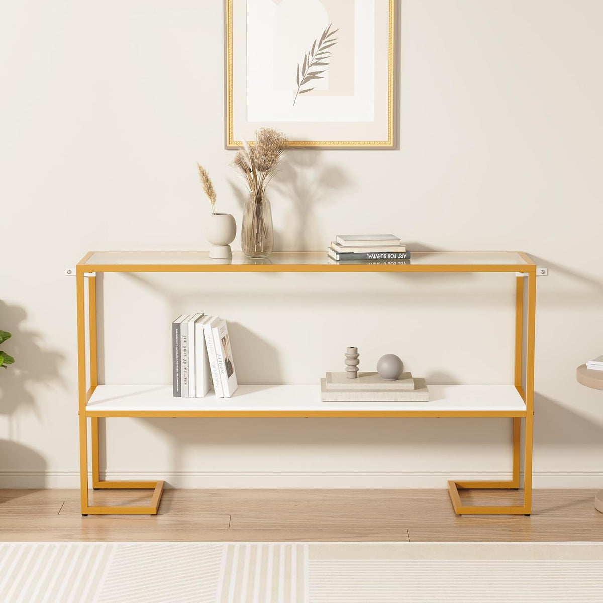 Furnify Console Sofa Table, 52" Modern Entryway Table, 2-Tier Open Shelf with Tempered Glass, Gold Metal Frame Behind Couch Table for Living Room Bedroom Hallway Entrance, White