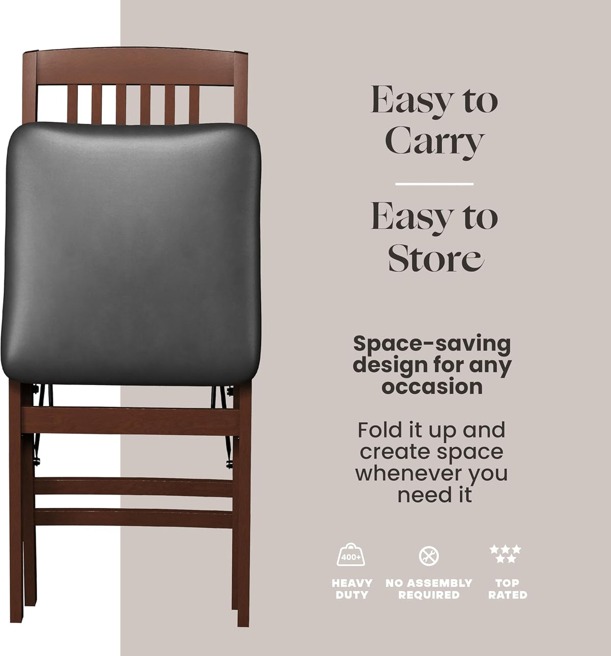 SIMPLEX Folding Wood Dining Chairs, Padded, No Assembly, 2 Pack | Solid rubberwood frames support 400 lb each; PU leather cushions fold to 17 inches for kitchens, apartments or extra seating.