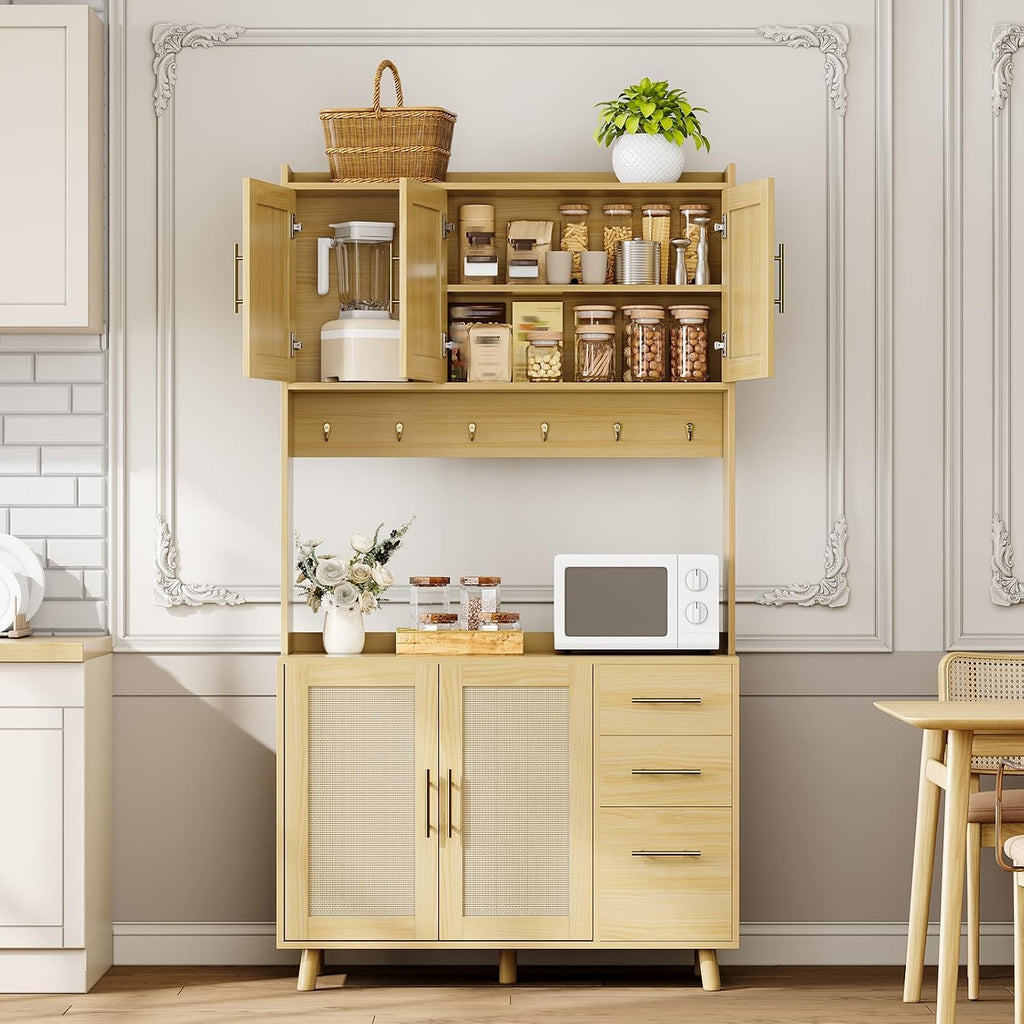 71" Tall Farmhouse Pantry Cabinet with Rattan Doors & Drawers, Freestanding Storage Hutch with Adjustable Shelves, 6 Hooks & Microwave Shelf for Kitchen, Dining or Living Room