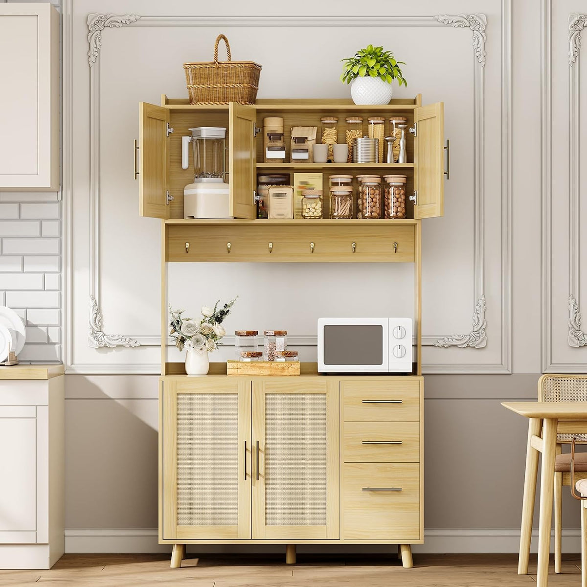 71" Tall Farmhouse Pantry Cabinet with Rattan Doors & Drawers, Freestanding Storage Hutch with Adjustable Shelves, 6 Hooks & Microwave Shelf for Kitchen, Dining or Living Room