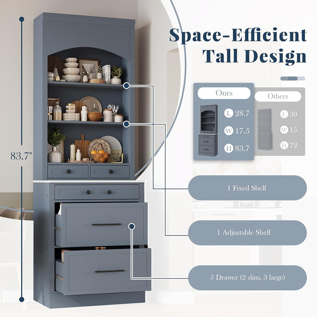 Kitchen Pantry Cabinet, 83.7" Freestanding Storage Cabinet with Hutch, Faux Marble Countertop, 5 Storage Drawers and Adjustable Shelves, Coffee Bar Cabinet for Dining Room, Grey Set of 2