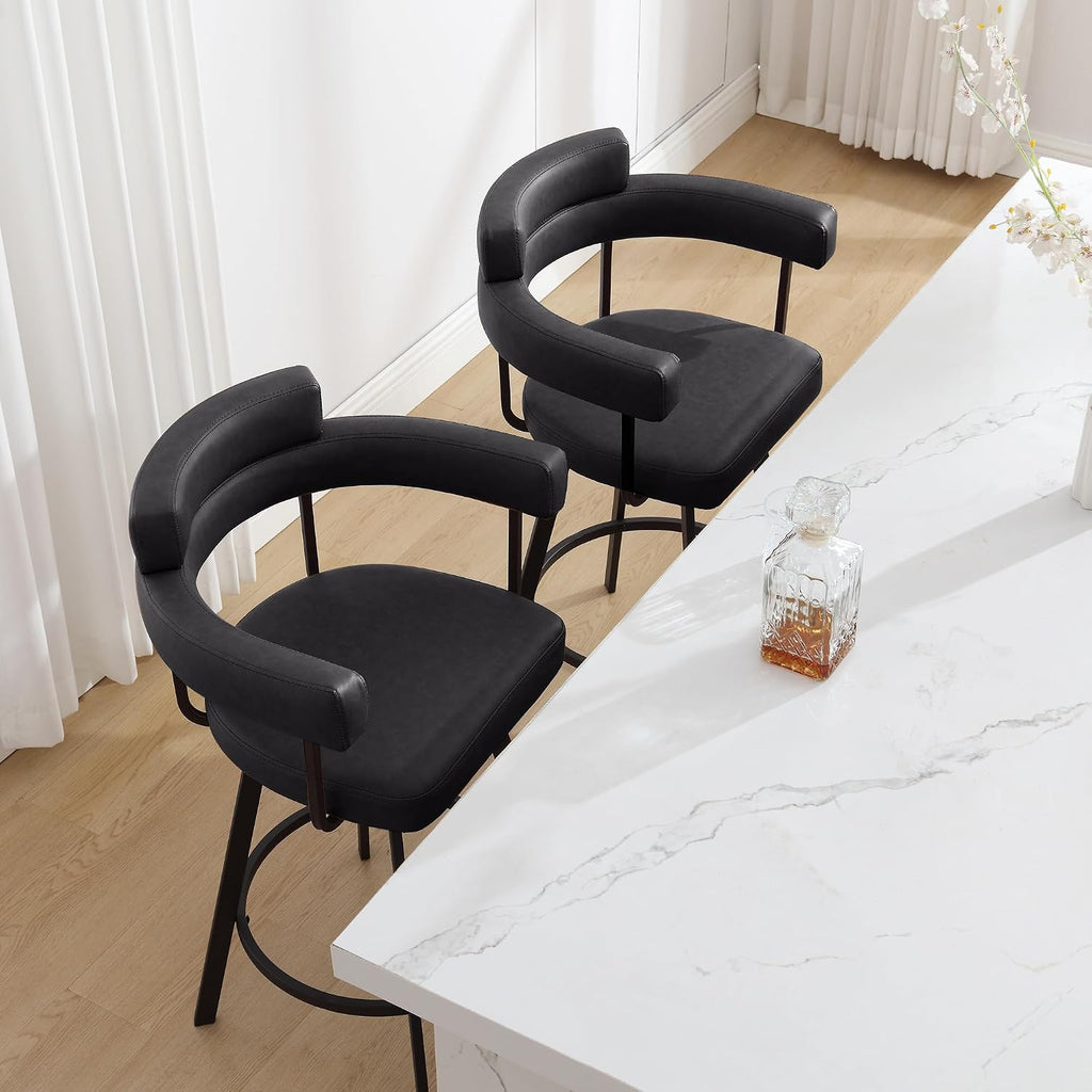 Swivel Counter Height Stools Set of 2, 26‘’ Kitchen Bar Stools with Arm Rest, Black Faux Leather Island Chairs with Metal Legs
