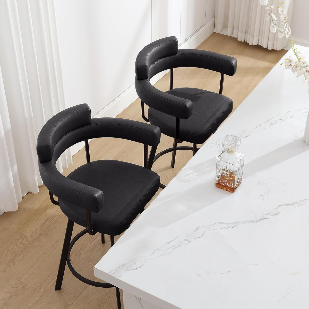 Swivel Counter Height Stools Set of 2, 26‘’ Kitchen Bar Stools with Arm Rest, Black Faux Leather Island Chairs with Metal Legs