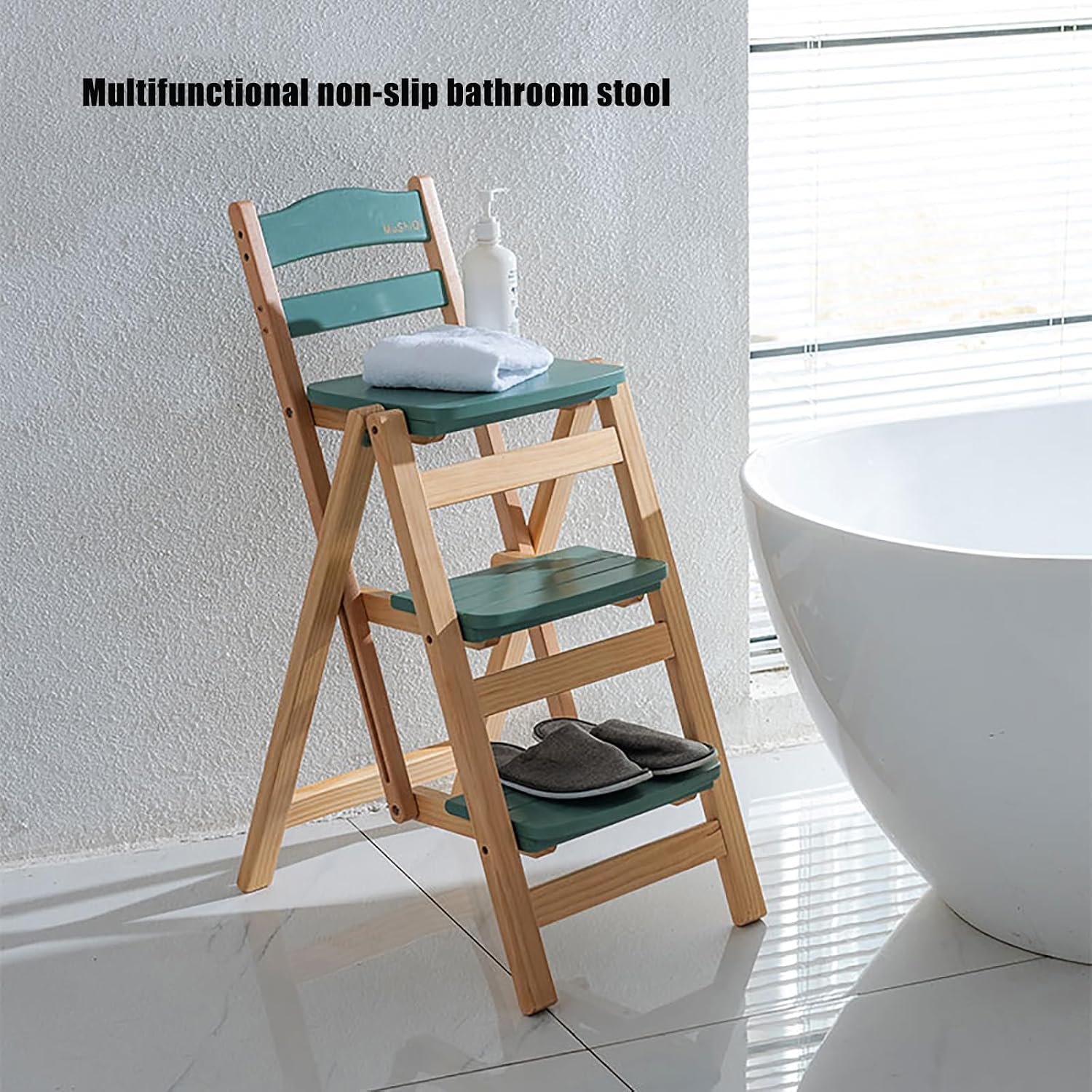 Folding Bar Stool 3 Step Ladder Stool,Solid Wood Counter Height Foldable Stool Tall Stool,Folding High Bar Stool Portable Step Stool Chair for Adults Kitchen Outdoor(21.5” X 15.7” X 34.6”, Beige)