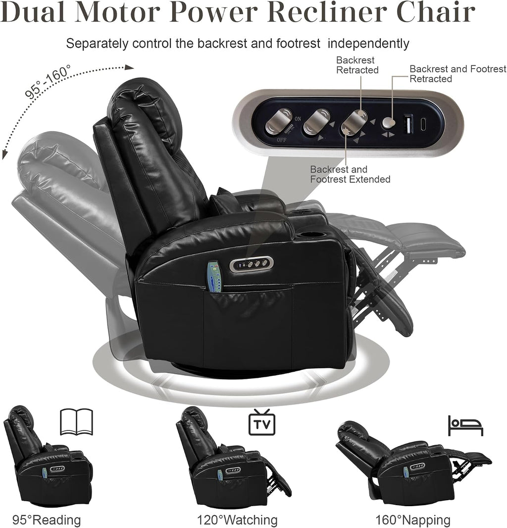 AHMED Dual Motor Power Swivel Rocker Recliner Chair, Faux Leather, Black | Electric Glider Rocking Chair, Massage & Heat, Cup Holders, LED Lights, USB A/USB C Ports