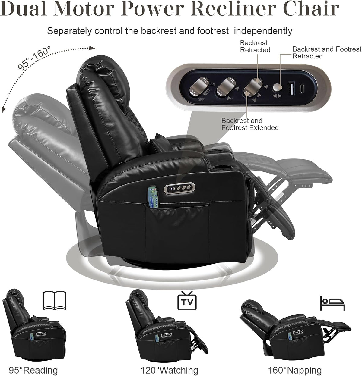 AHMED Dual Motor Power Swivel Rocker Recliner Chair, Faux Leather, Black | Electric Glider Rocking Chair, Massage & Heat, Cup Holders, LED Lights, USB A/USB C Ports