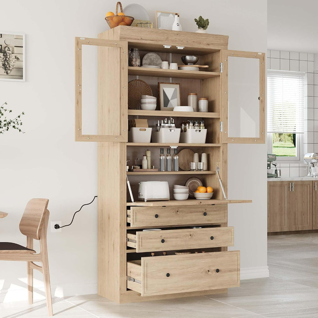 78” Kitchen Cabinet Pantry, Food Storage Cabinet with 3 Drawers, Adjustable Shelves & Power Outlet, Food Pantry for Kitchen Dining Room, Easy Assembly (Natural)