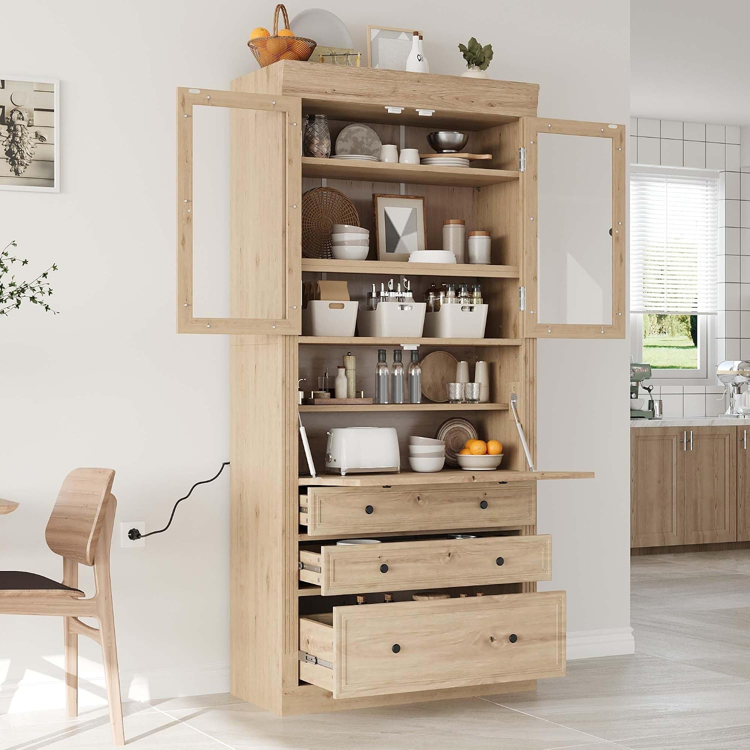 78” Kitchen Cabinet Pantry, Food Storage Cabinet with 3 Drawers, Adjustable Shelves & Power Outlet, Food Pantry for Kitchen Dining Room, Easy Assembly (Natural)