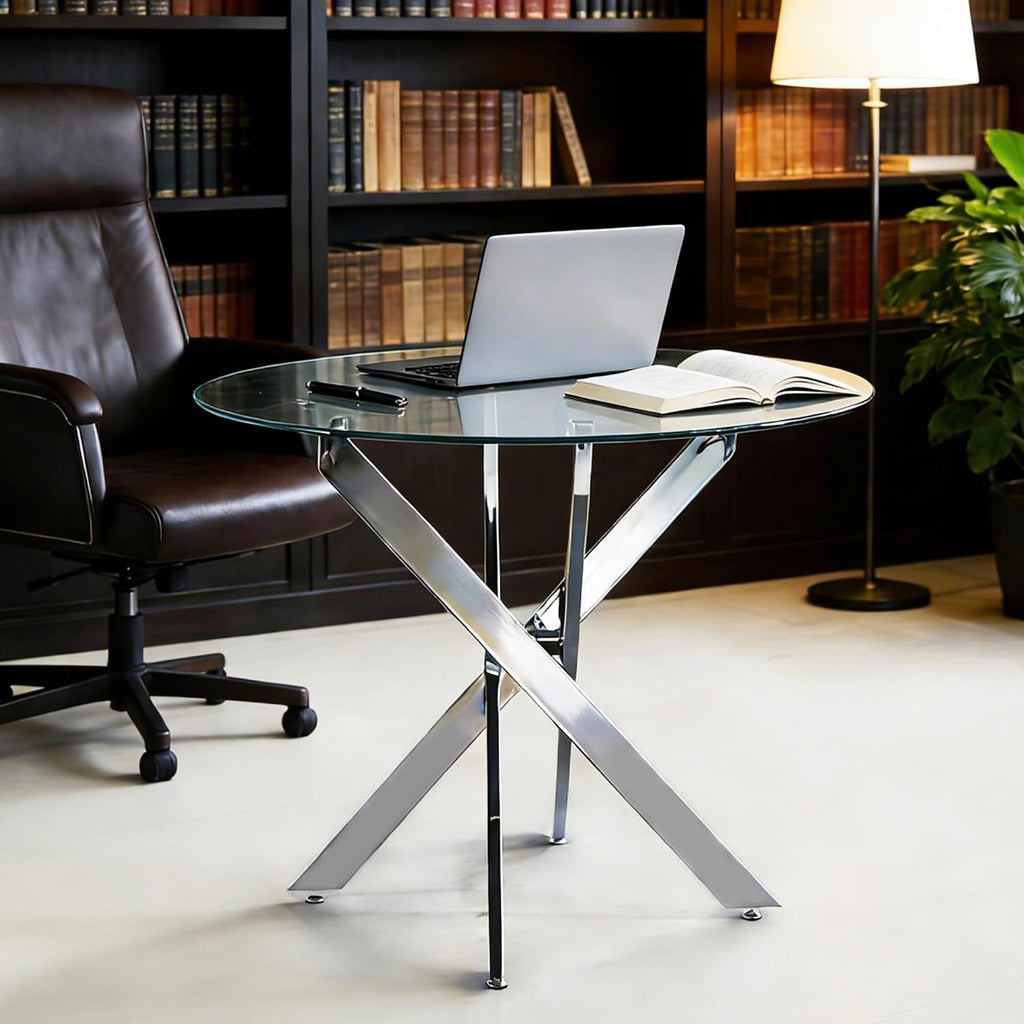 36" Glass Dining Table for 2-4, Round Kitchen Table with Tempered Glass Tabletop and Silver Stainless Steel Legs for Dining Room, Apartment, Small Space