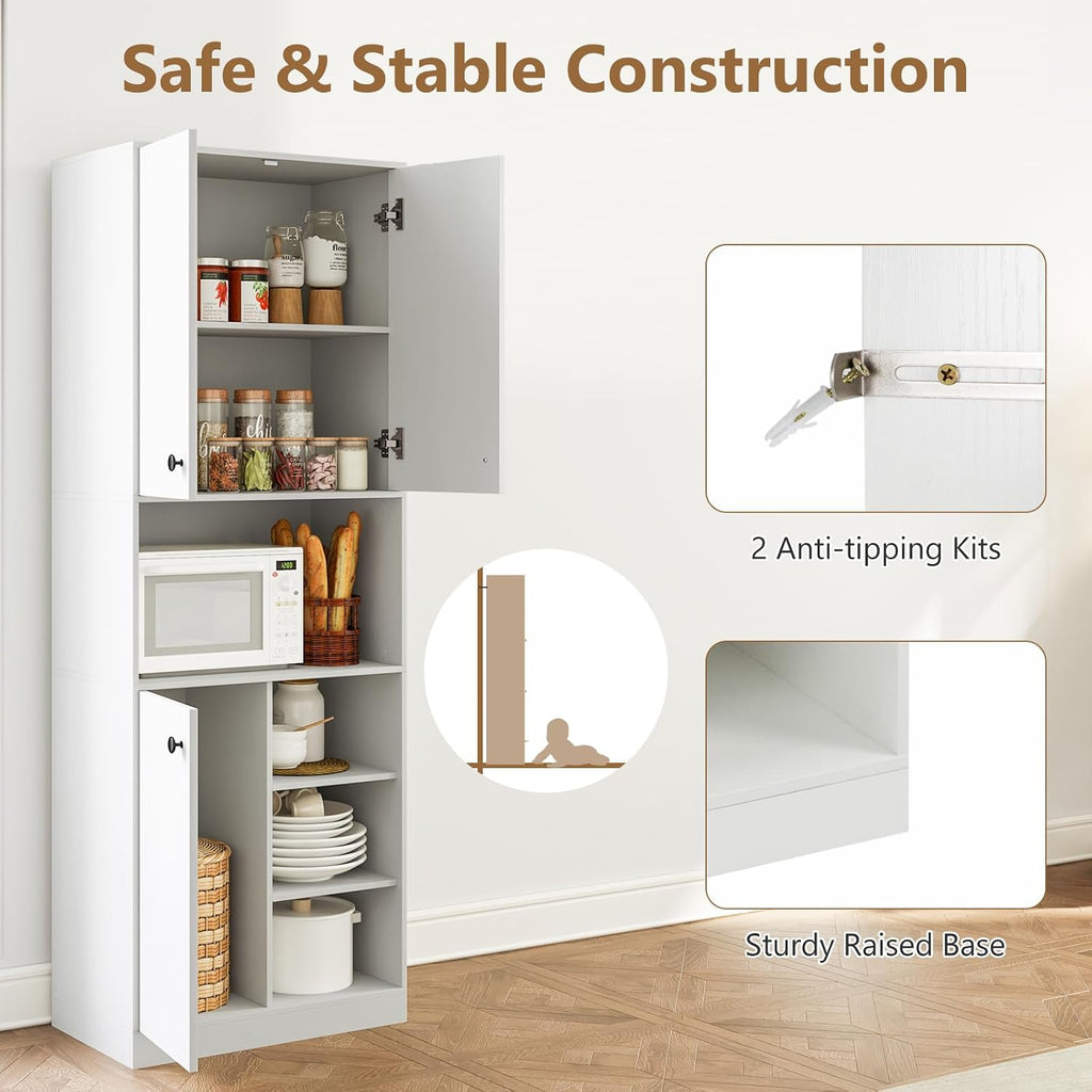 TANGZON Tall Kitchen Cupboard, 3-door Storage Cabinet with Countertop, Open Shelves & Anti-tipping Device, Freestanding Pantry Cupboard Kitchen Units for Dining Room Living Room, White