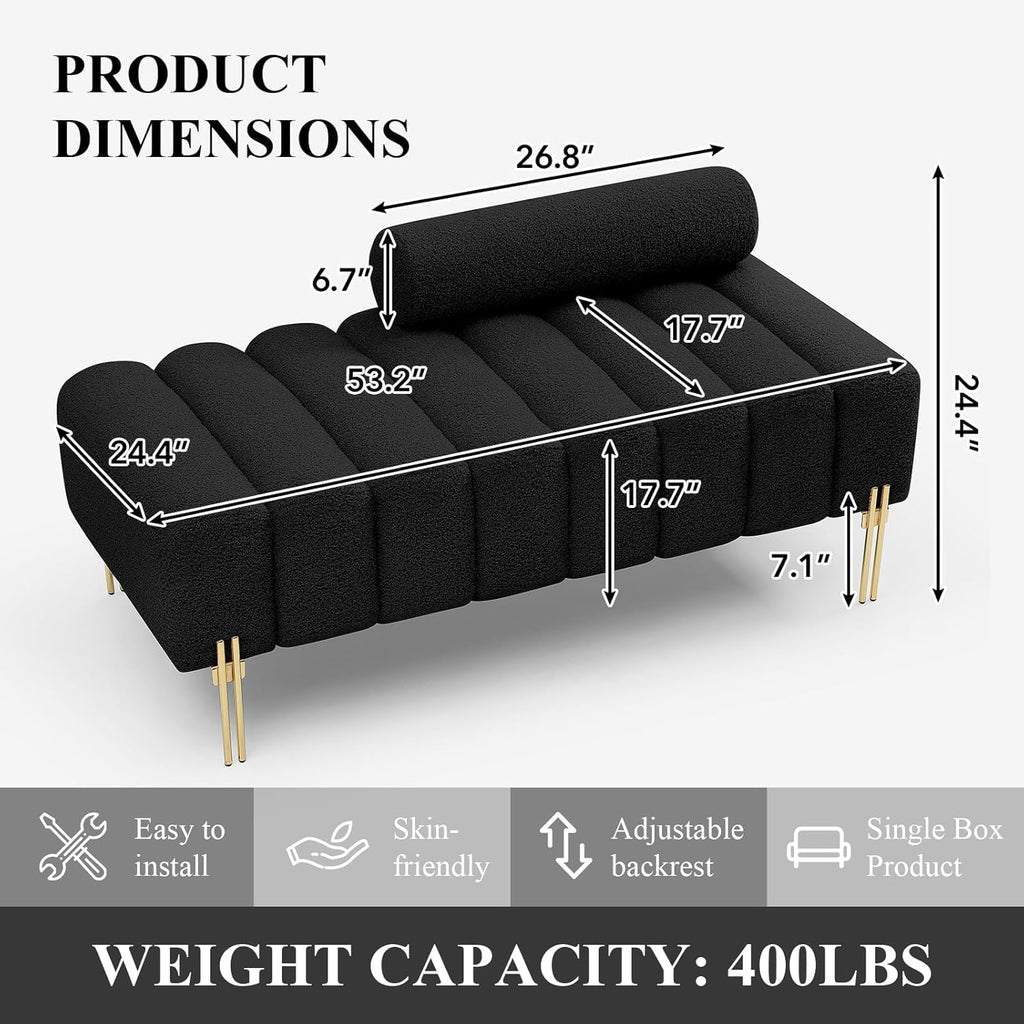 53.2" Width Ottoman Bench, Teddy Upholstered Accent Sofa with Metal Legs, Comfy Love Seat Couches with Adjustable Backrest, End of Bed Bench for Bedroom, Entryway (Black)