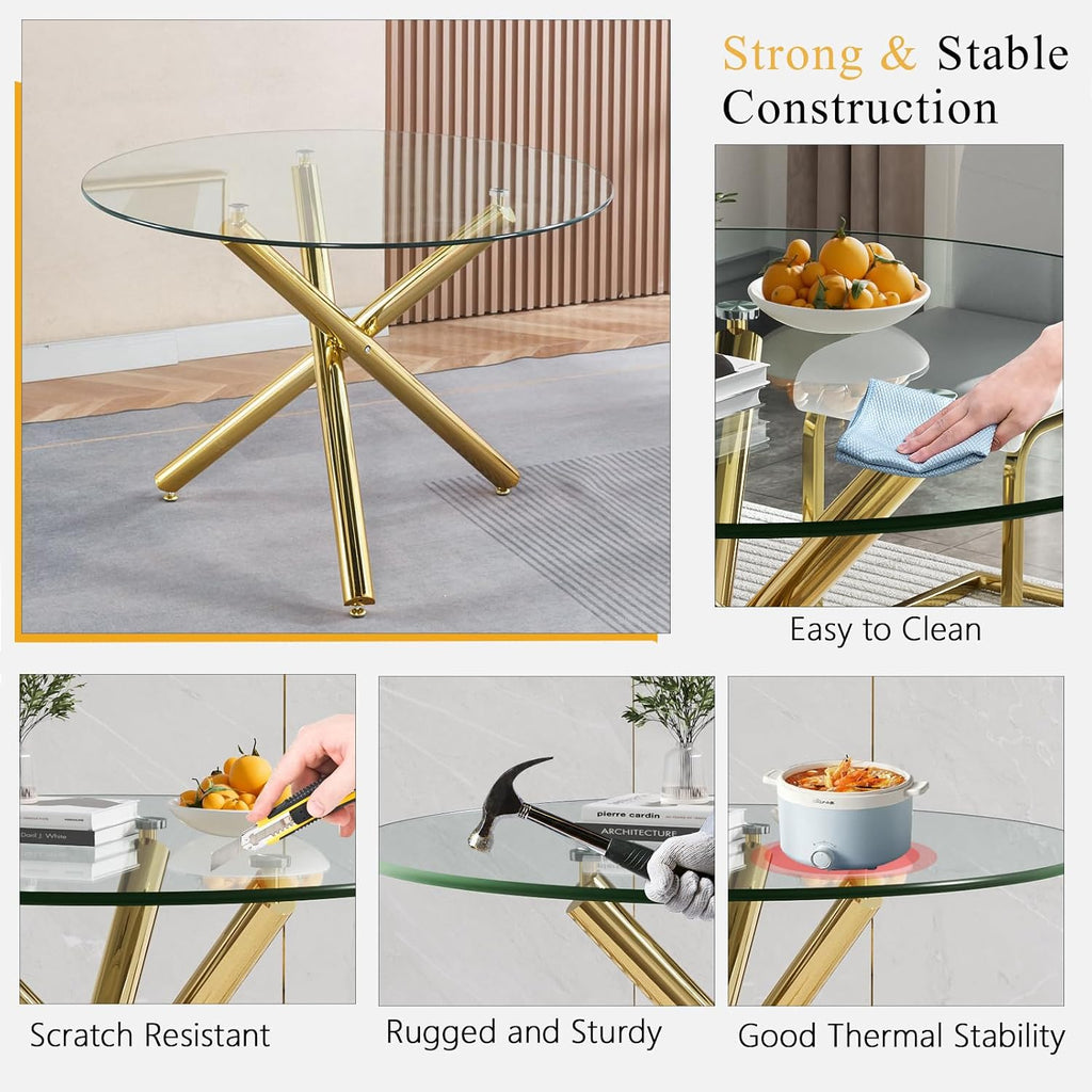 Round Glass Dining Table Set for 4, Small Kitchen Table Set for 4, 47" Circle Gold Glass Dinner Table for 4 with Beige Velvet Chairs, 5 Piece Dining Room Table Set for 4 for Breakfast Dinette Cafe