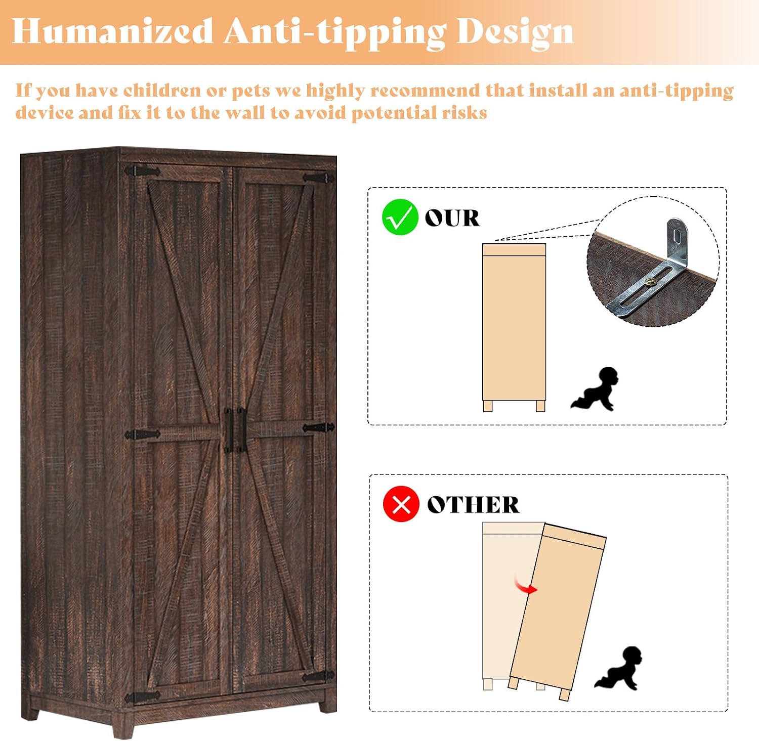 LUXOAK 70" Large Farmhouse Wardrobe Closet with Hanging Rod & Barn Doors | Wooden Bedroom Armoires with Shelf, Organized Wardrobe Cabinet for Clothing, Anti-Tip Kit, Tall Closet, Espresso
