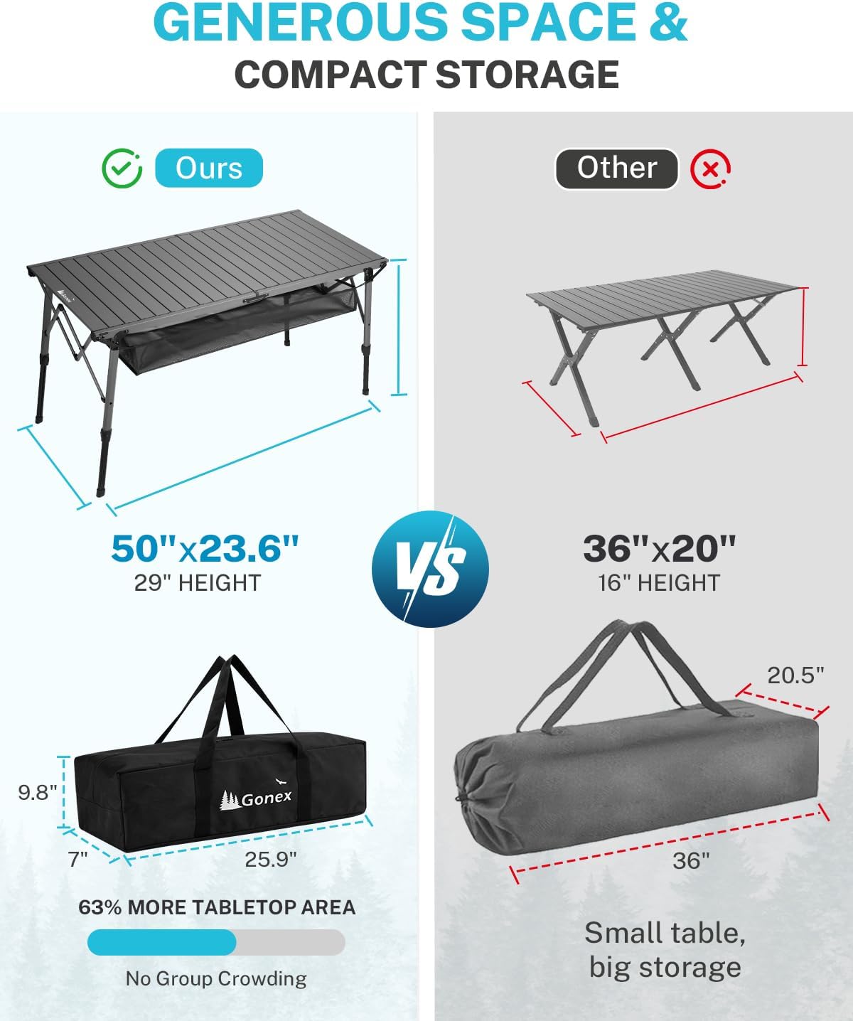 Gonex 50" Camping Table, Roll Up Aluminum Folding Picnic Beach Table | Adjustable Height Legs for Uneven Ground, 132 lbs Capacity, Mesh Pocket, Fit 4-6 people, Easy Setup, RV Car Camping, BBQ