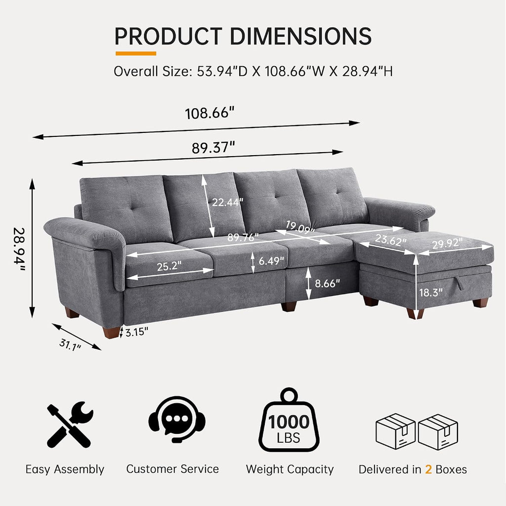 108'' Convertible Sectional Sofa with Storage, 4 Seat L Shaped Couch with Chaise and Cup Holder, Modern Microfiber Fabric Sofas Couches for Living Room, Light Grey